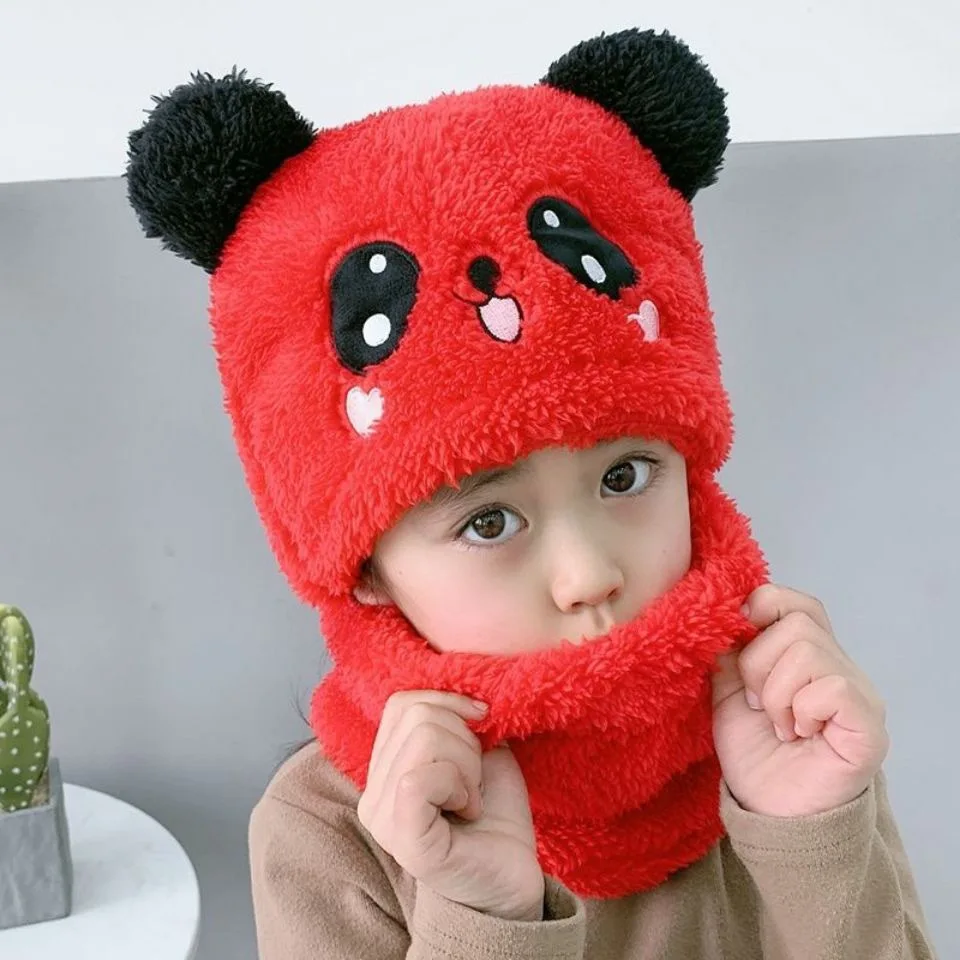 Panda Bib And Hat One-piece Thickened Warmth Cover Face And Ear Protection Knitting Wool Kids Cheap Baby Winter Hats