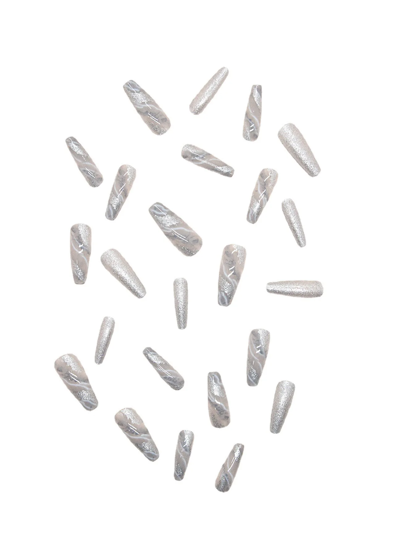 Nail Art Supplies Long Coffin Wearable Artificial Fingernails Gray White Marbling Press On Nails Flash Powder Fake Nails 24pcs