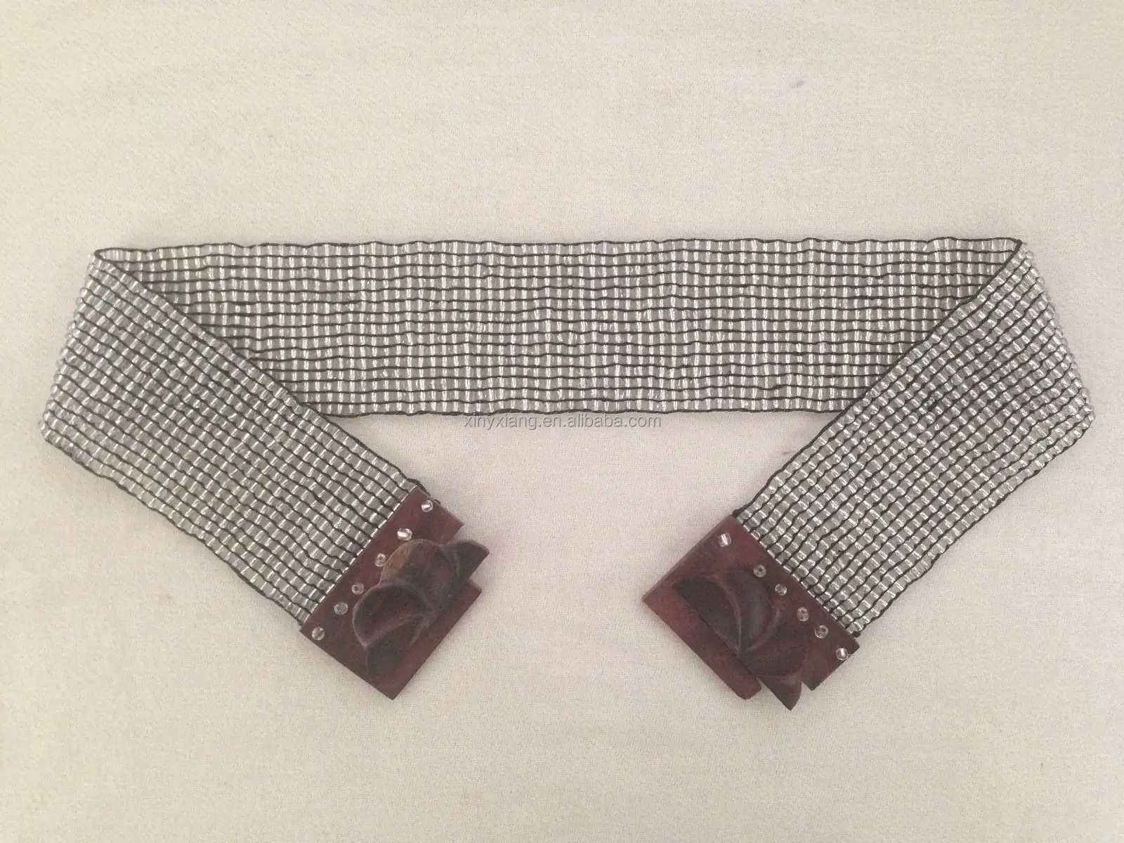 Factory Custom Beaded Stretch Belt, vintage beaded stretch belt with teak wood buckle, Rainbow Handmade Beaded Stretchy Belt