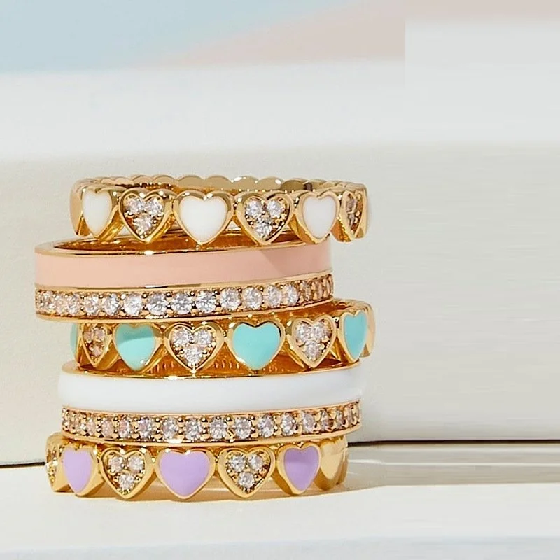 Hot Sale Gold Plated Simple Design Enamel CZ Ring Oil Drip Heart Charm Eternity Ring