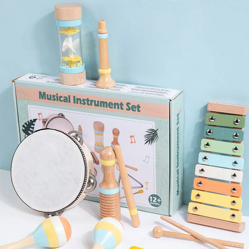 Wholesale Wooden Musical Instrument Set Tambourine Xylophone Toys Early Learning Montessori Baby Musical Toys for Toddlers 1-3