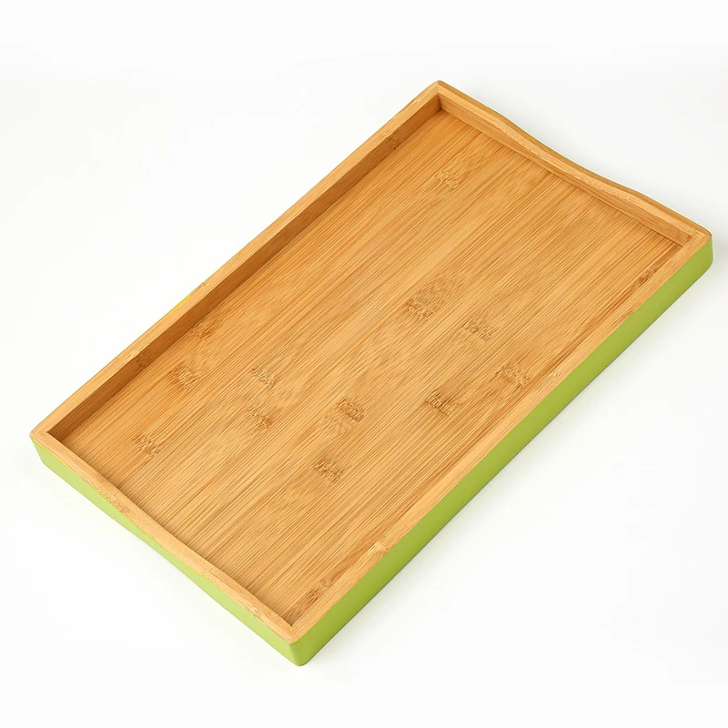 Large rectangle curve handle wooden platter bamboo serving tray with color edge