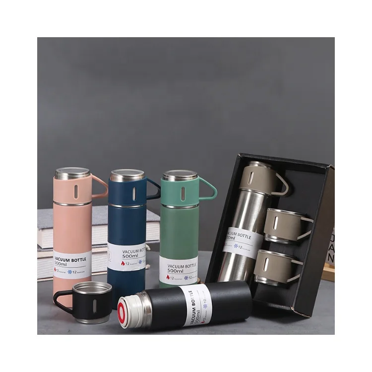 Stainless Steel Vacuum Flasks Thermos Coffee Water Bottle-500ml With 3 Lids Set Steel Sport Vacuum Flask For Outdoor Business