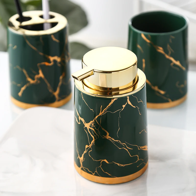 Light Luxury Ceramic Marble Bathroom Accessories Wash Set Dispenser Mouthwash Cup Toothbrush Holder Soap Dish Singleton