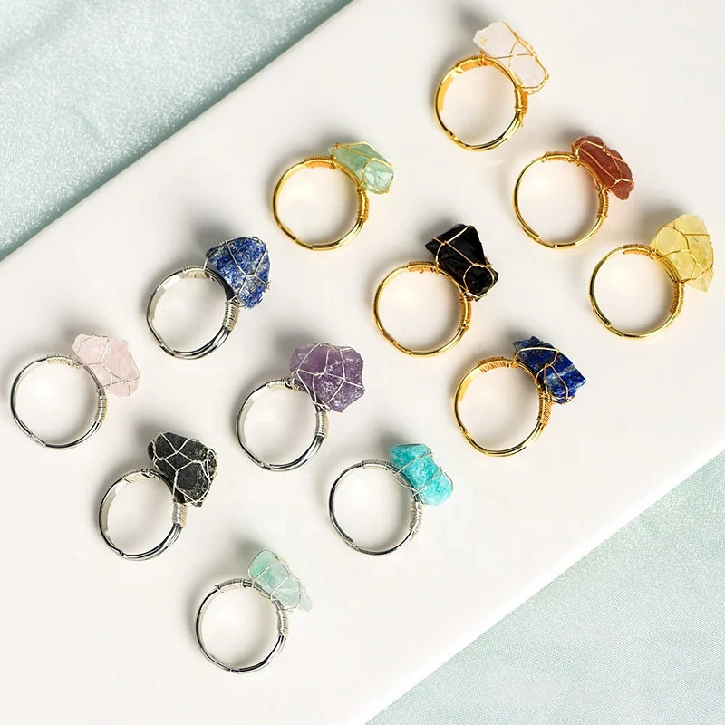 Wholesale Handmade Adjustable Ring Irregular Natural Stone Wire Wrapped Crystal Raw Stone Ring for Wedding Favors