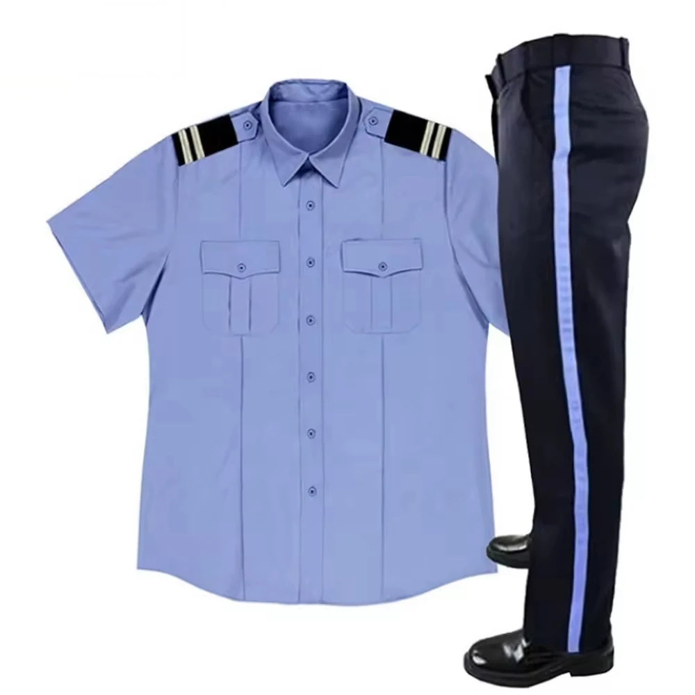 Summer New Senior Security Guard Uniforms Work Uniform Short Sleeve Blue Shirt for Hotel Concierge Set