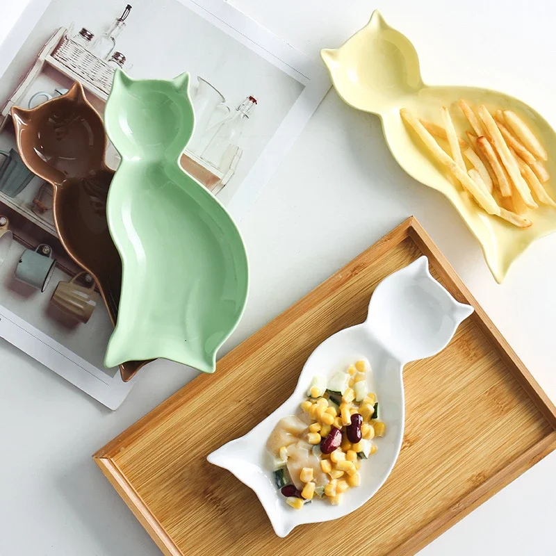 Creative Cartoon Cat Plate Ceramic Dishes Cute French Fries Snack Plate Dim Sum Sushi Snack Breakfast Plate Kitchen Tableware