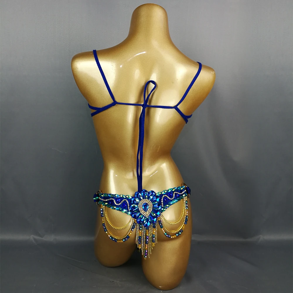 Dance Stage Performance Sexy Gymnastics Leotards Sexy Belly Dance Costume Samba Carnival Bra Belt Rainbow Stone