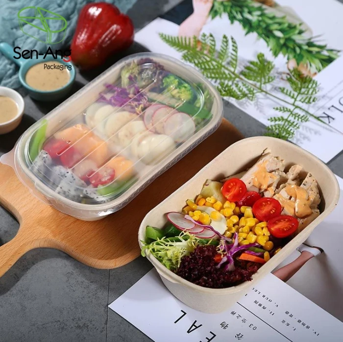 Senang02 Cheap Bowl Oval Pulp Box Lid One Cell Food Multi Grid Bagass Lunch Sugarcane Bagasse Clamshell Container