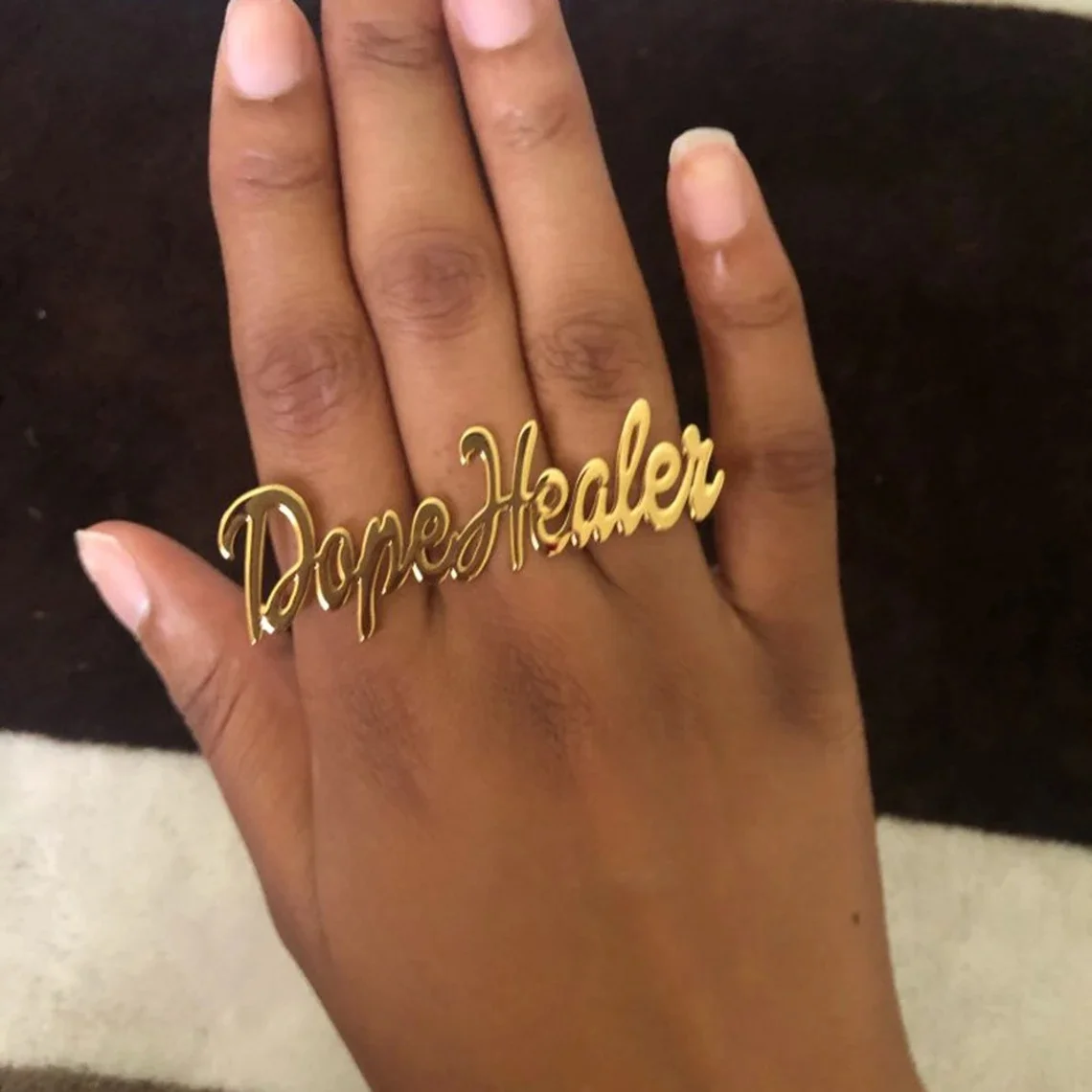 New Chunky DIY Custom Popular Simple Nameplate Ring Free Size Personalized Spiral Style Customizable 2 Name Couple Rings