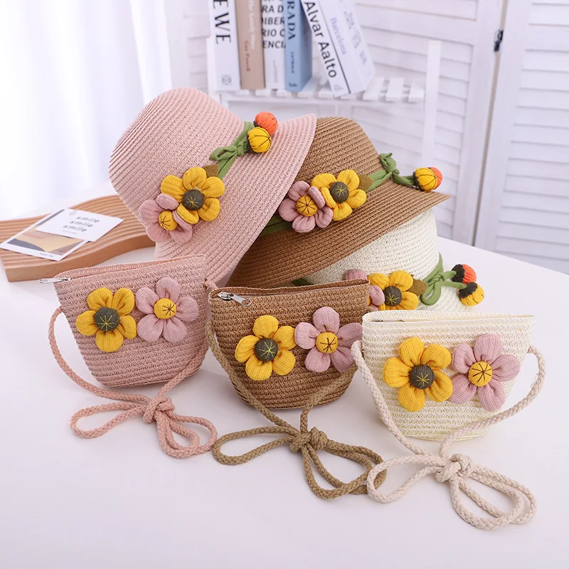 Summer Wholesale Matching Beach Double Flower Shade Lovely Princess Family Crossbody Straw Hats And Bag Sets