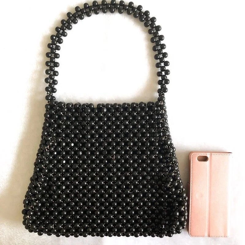 Black Color wood bead shoulder bag handbag new designer street wear collection style