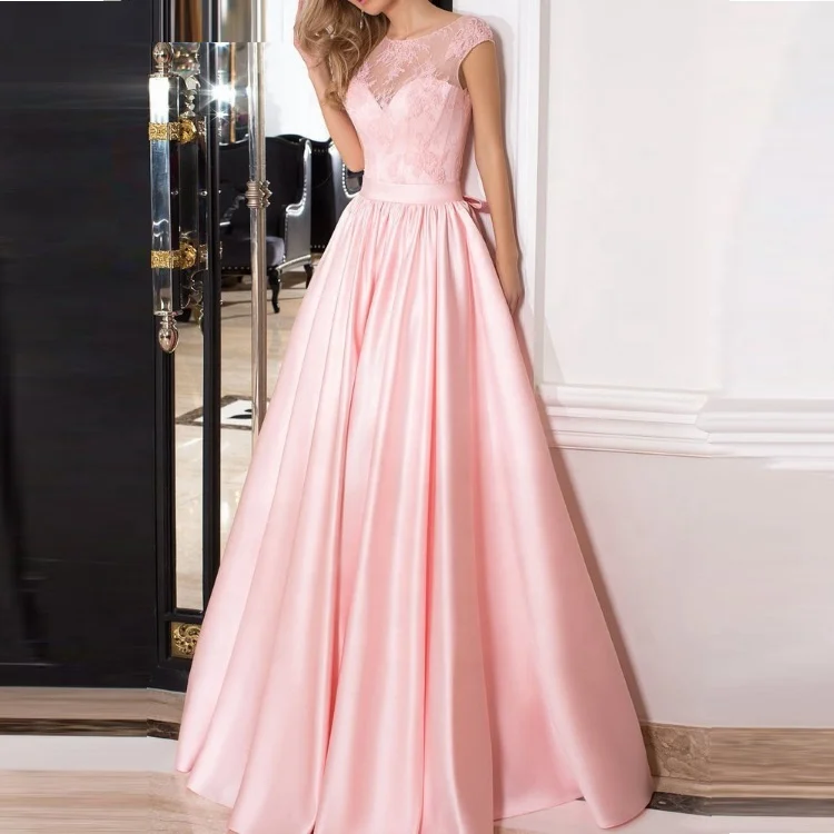 6817#A-Line Floor Length Illusion Lace Satin Sleeveless Prom Gowns Evening Dress Prom Dresses Pink Teen Prom Dresses
