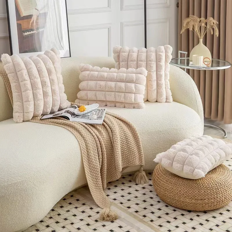 Plain Simple Nature Thick Plush Faux Fur Throw Pillow Cover Accept Customization Stripe Sofa Soft Pillow Case