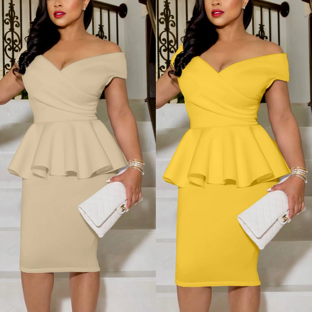 Off Shoulder Bodycon Dress Women Ruffle V Neck Ladies Pink Peplum Dress