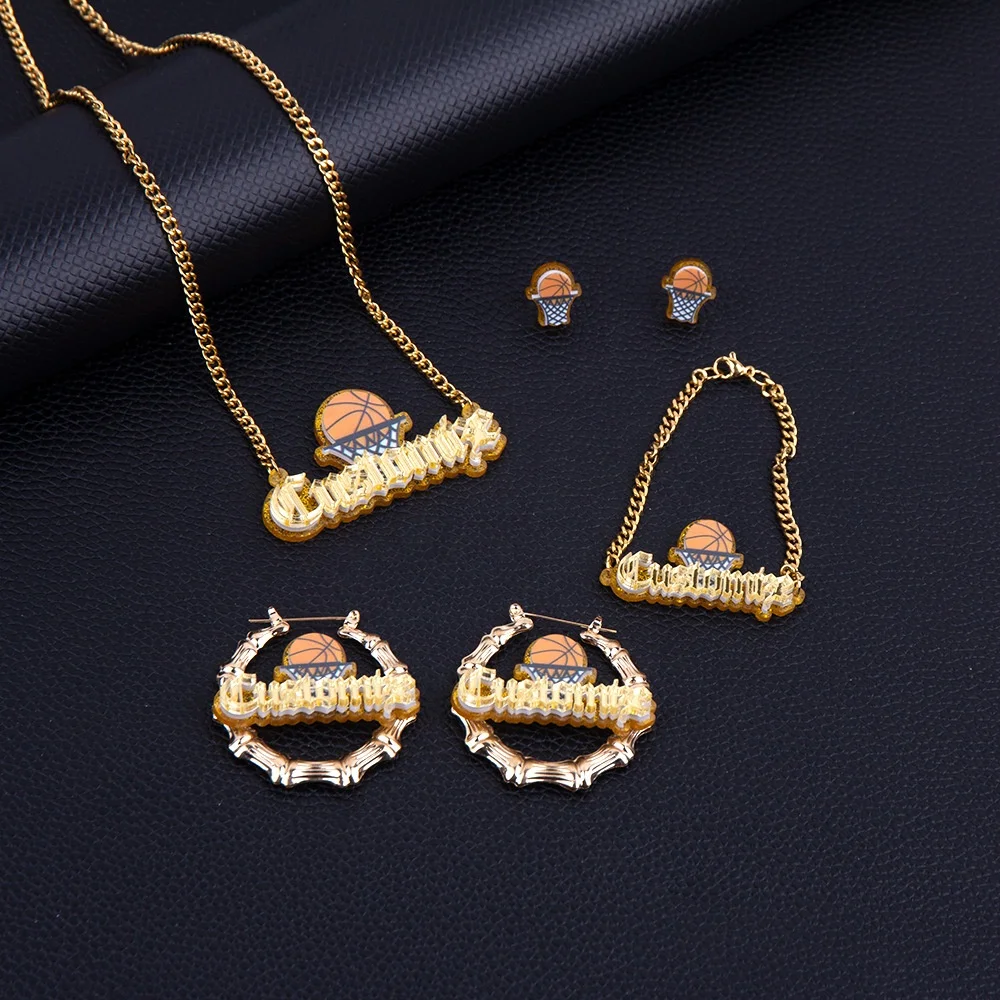 2022 New Double Plated Colorful BlingBling Summer Mirror Green Name Necklace Custom Acrylic Pendant Bamboo Hoop Earrings Set