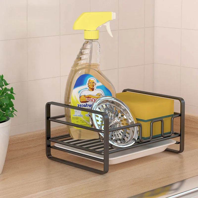 Multi-functional Carbon Steel Kitchen Sink Shelf Soap Sponge Drain Rack Towel Hanging Holder