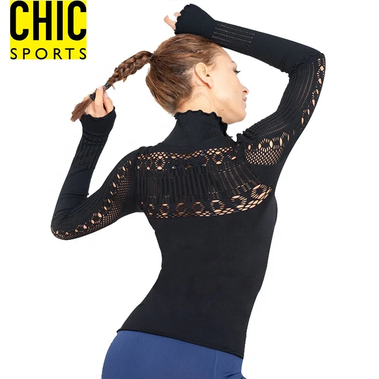 Lady Multi Sizes Long Sleeve Shirt Hollow Pattern Sports 3/4 Zipper Jacket Seamless Stretchy Dry Fit Yoga Pullover Tops