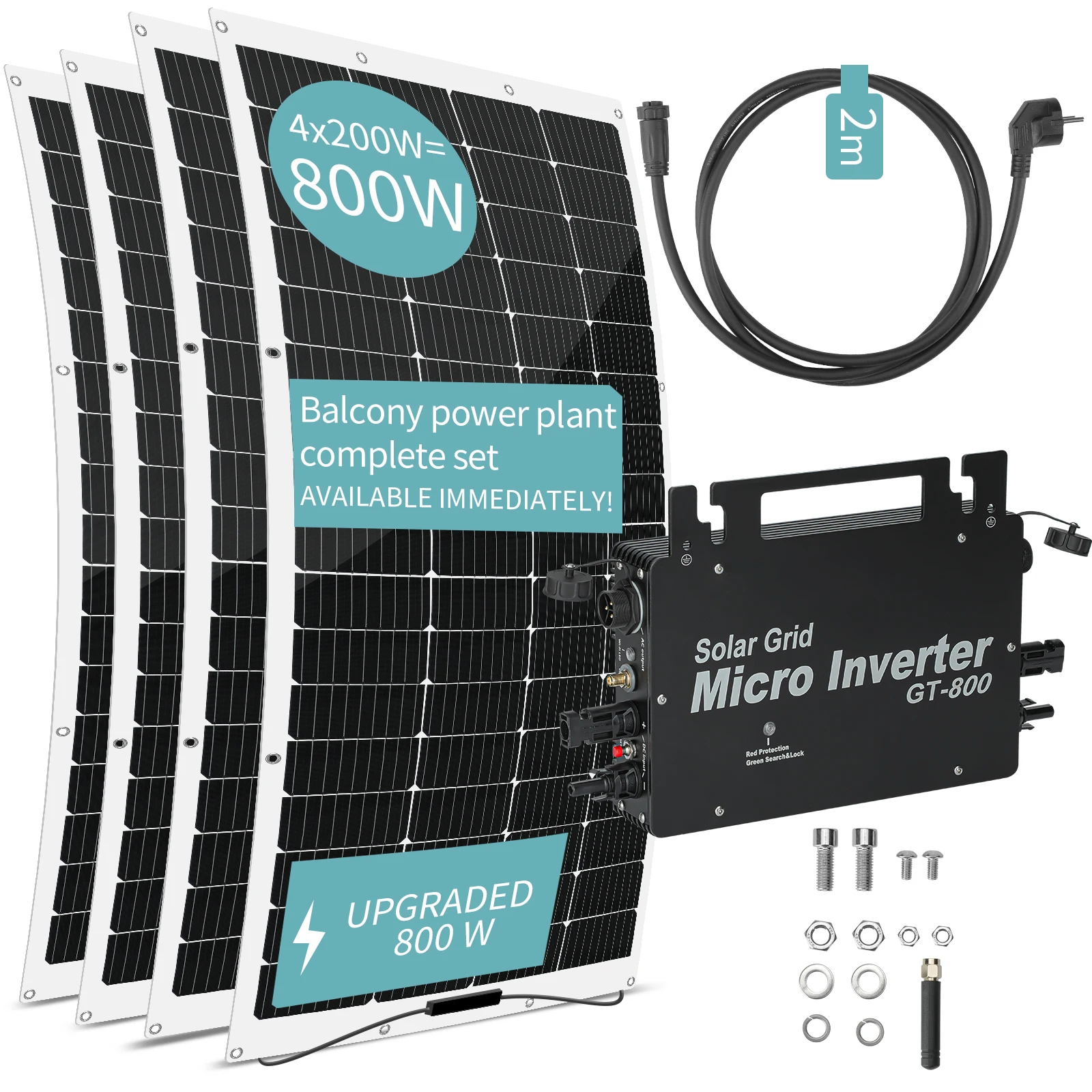 LANPWR 800W Balcony Power Plant with 4 X 200W Flexible Solar Panels 23% Solar Conversion Efficiency WiFi Connection