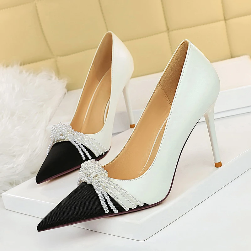 Size 34-43 Women Pumps Mixed Color Fashion Pointed Toe Thin Heel New Style String Beaded Office Ladies Spring Footwear