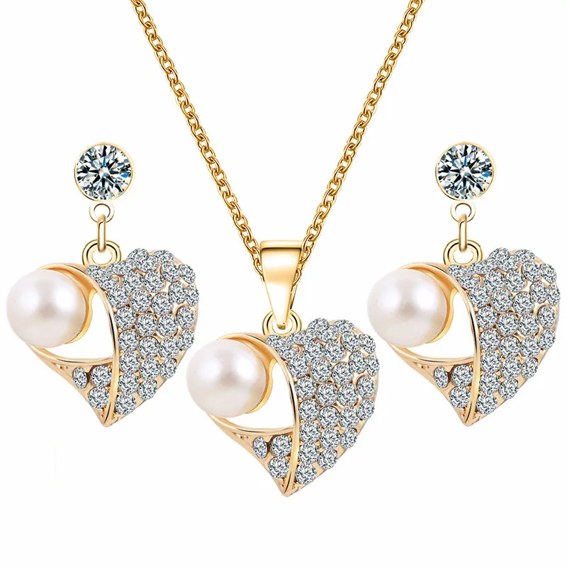 Latest Design  Women Jewelry And Accessories Fashion Earrings Necklace Wedding Bride Heart Shape Pearl Diamond Jewelry Set