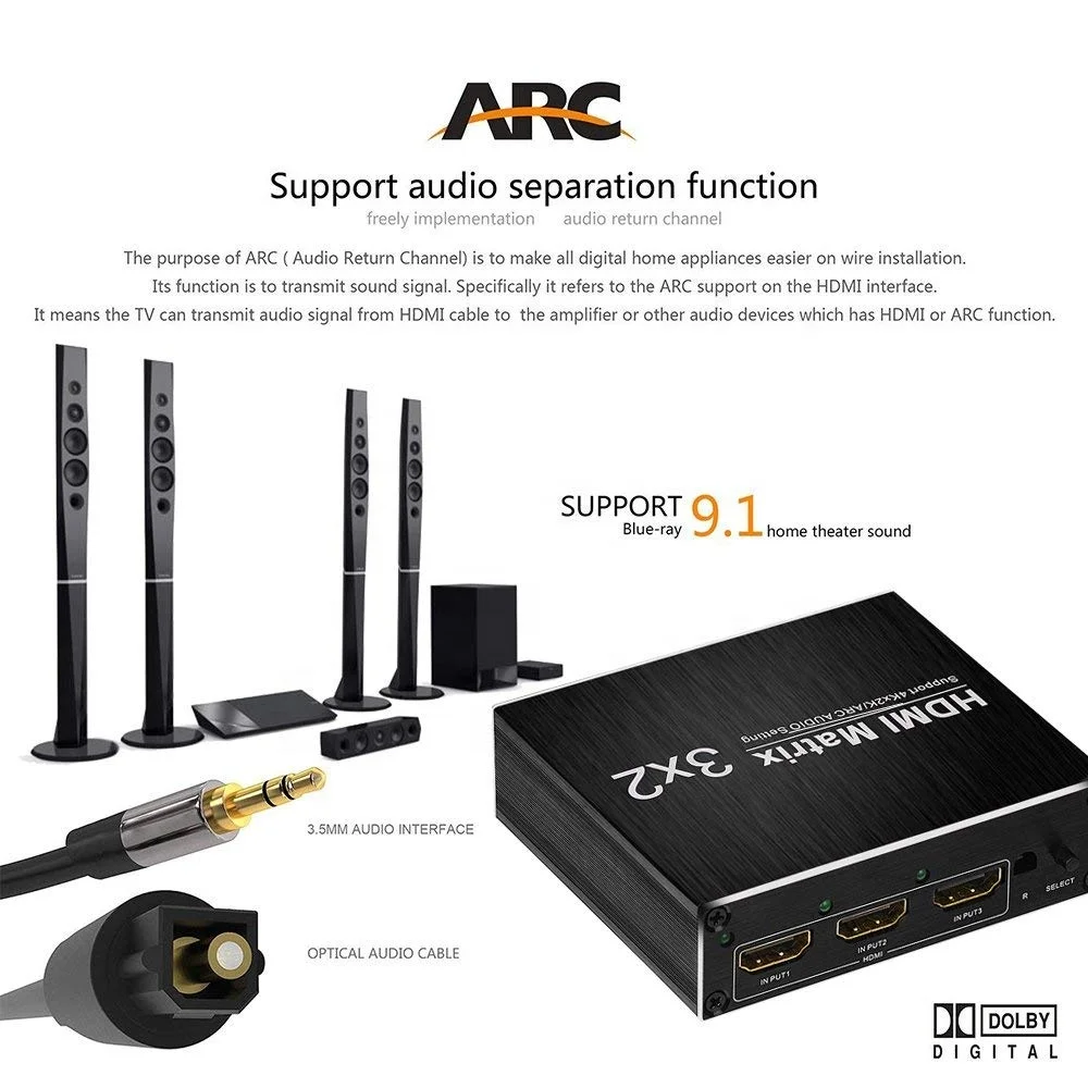 3 in 2 out HDMI Splitter 3X2 4K@60Hz with Optical TOSLINK&R/L 3.5mm Audio Extractor Hdmi switcher Ultra HD 1080P Supports ARC