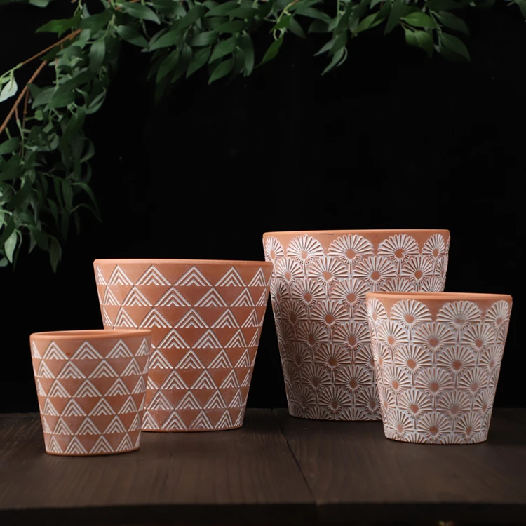 
Optional size matte graceful pattern embossed terracotta planters / garden decoration ceramic plant pot 