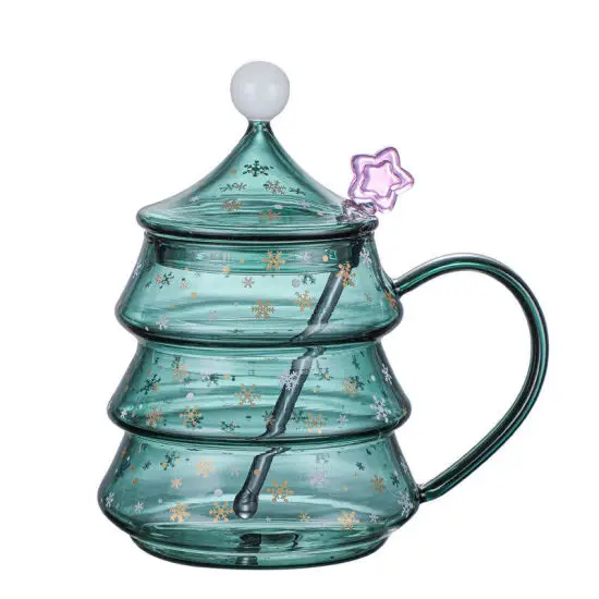 Coffee Mug Creative Ceramic Cup with Cute Christmas Design Custom 300ml Mugs Christmas Tree Shaped Double Wall Insulated Glass