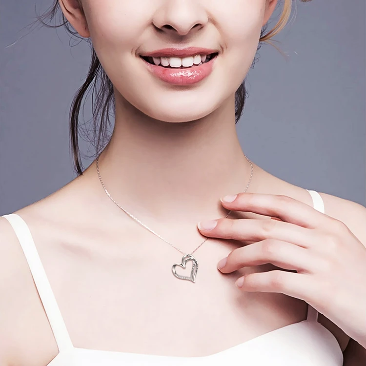 Fine Jewelry 925 Sterling Silver Engraved Zircon Double Love Heart Pendant Necklace