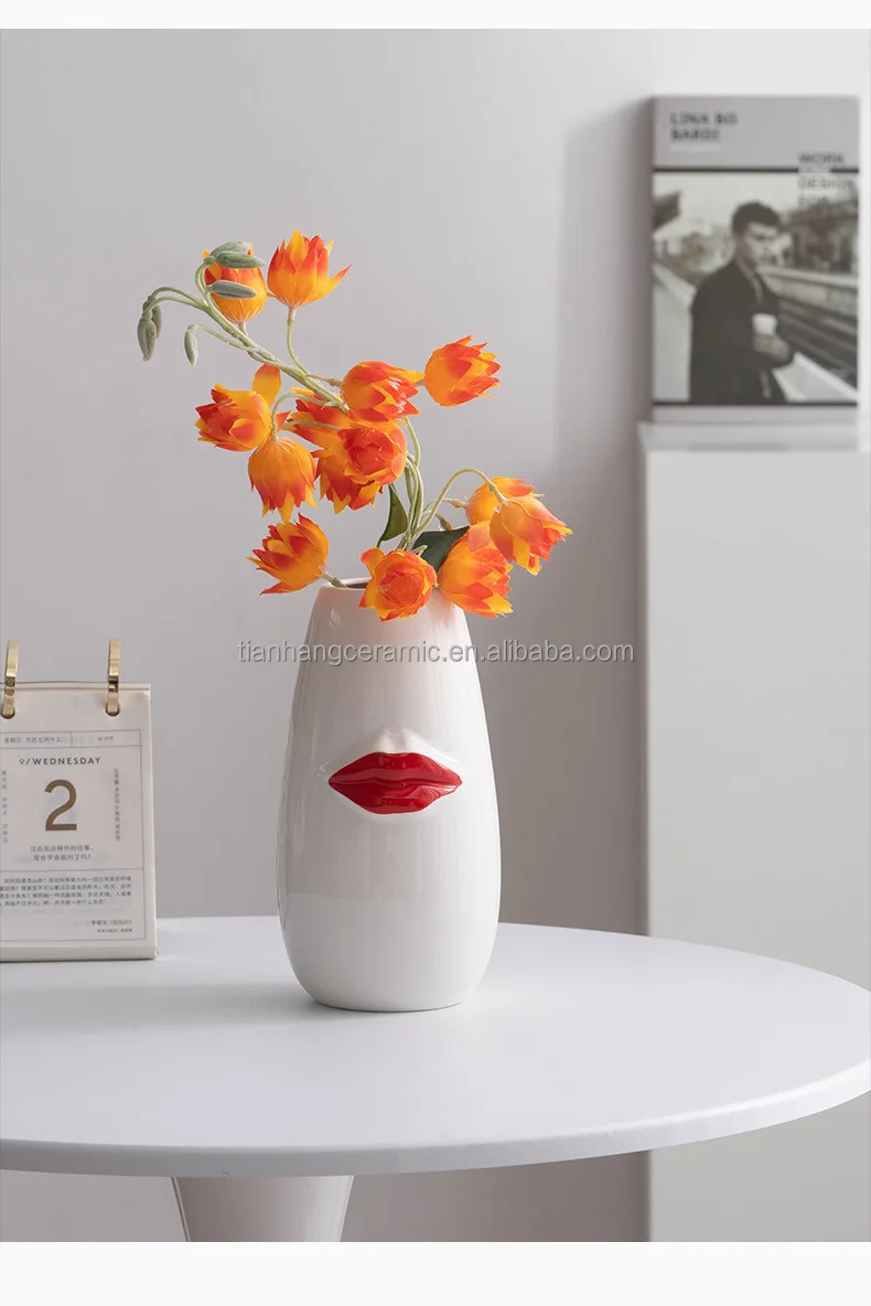 High Luxury Minimalist Boho Creative Floral Vases Ceramic Modern Vases for Home Decor Decorative Vase with Red Lip.jpg