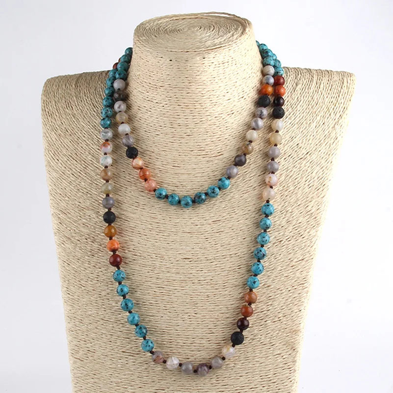 Fashion  women Bohemian Jewelry Multi Stones Assorted Knotted 108 beads Natural Stone Mala Necklace