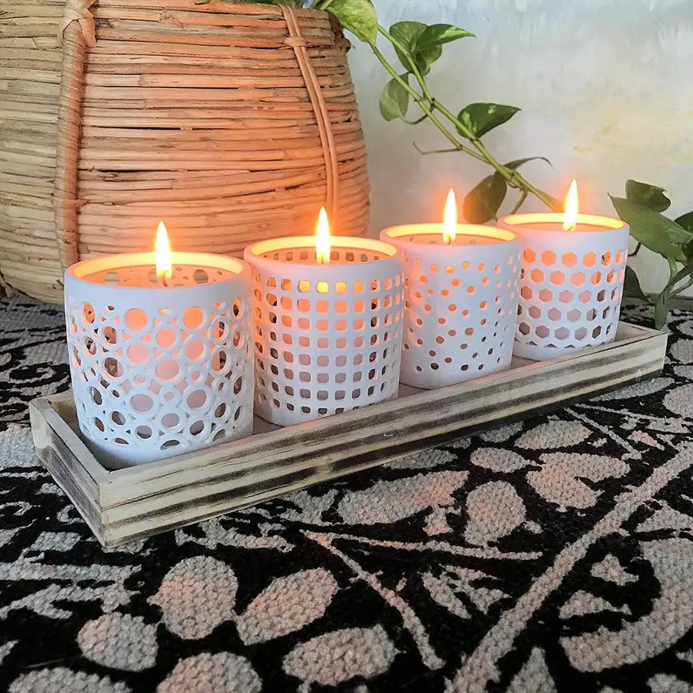 Белые керамические подсвечники естественный современный ветровой светильник коллекция на подносе набор из 5 фарфор зернистое дерево 