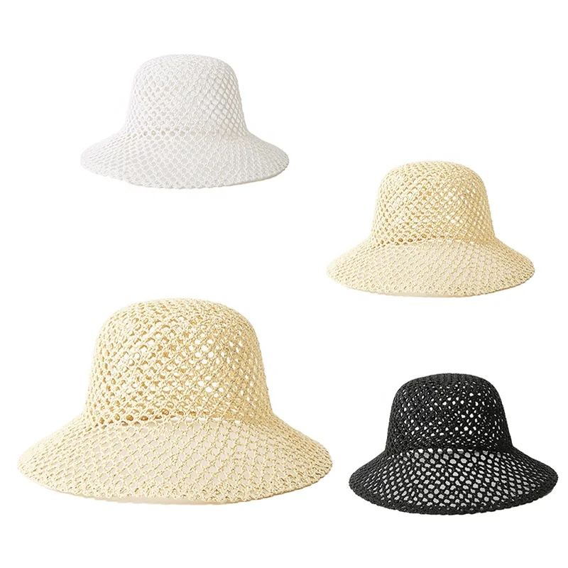 Spring Summer hollow wide brim straw hat Breathable Crocheted straw bucket hats woman  Outdoor Sun Fisherman Hats