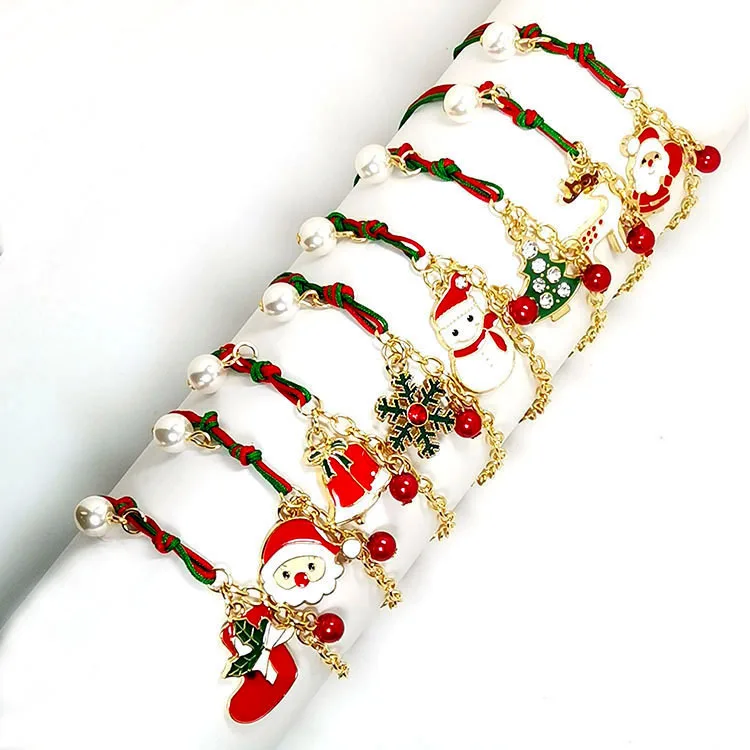 Christmas Hand Rope Charm Bracelet With Santa Claus Xmas Tree Beads Chain Fine Bracelets Christmas Jewelry for Women Kids Gift