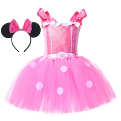 The New Design Pink Tutu Dress Up Puffy Tulle Costumes Halloween Cosplay For 2-12Y With Mouse Ears