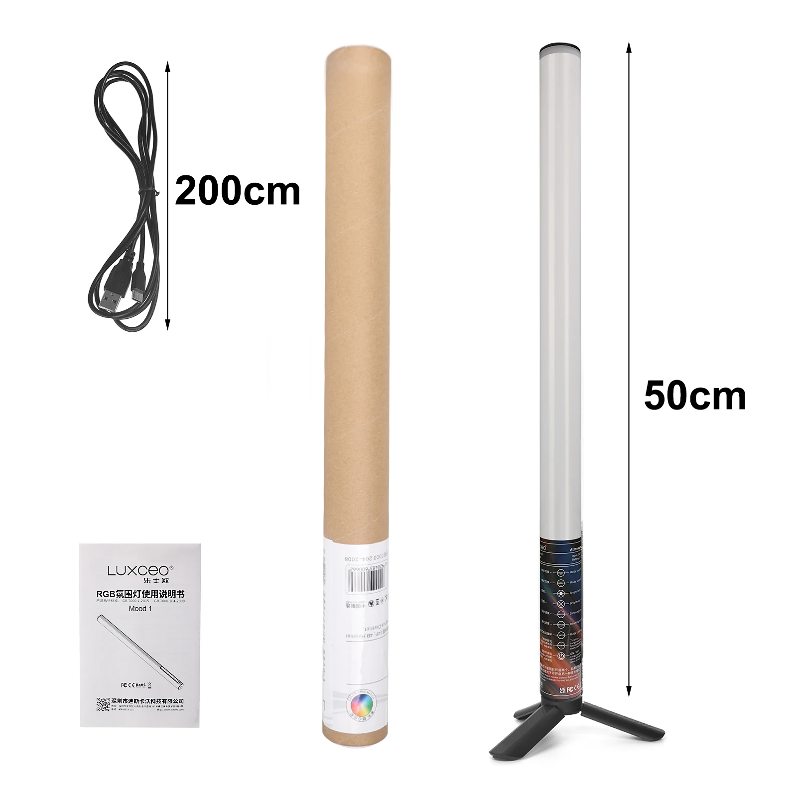 LUXCEO Mood 1 50cm 85cm 120cm T8 Tube Bar Light Portable USB Rechargeable Music Mode RGB Colored LED Video Light