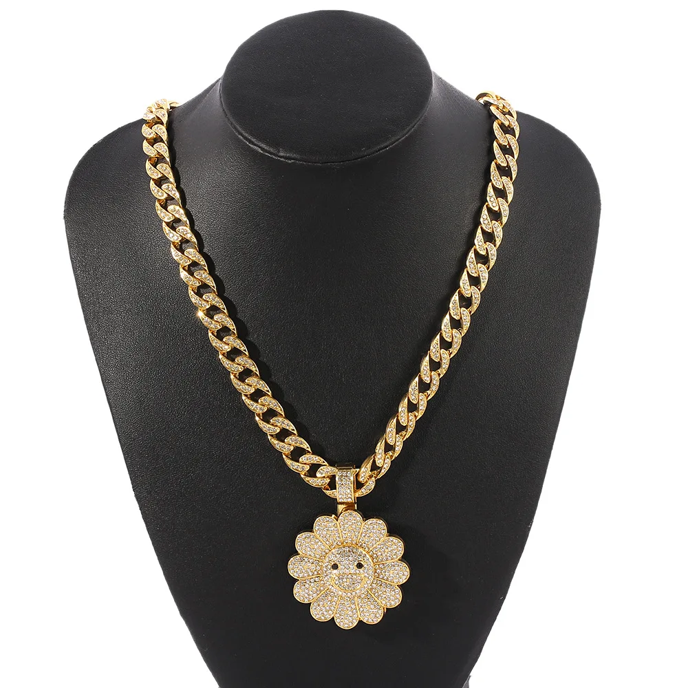 Hip Hop Ice Out Cuban Link Necklace Rotating Colorful Diamonds Sun Flower