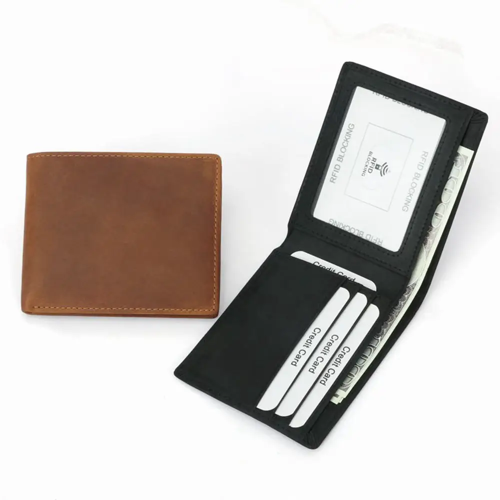 Wholesale RFID blocking bifold minimalist crazy horse genuine leather credit card wallets for men