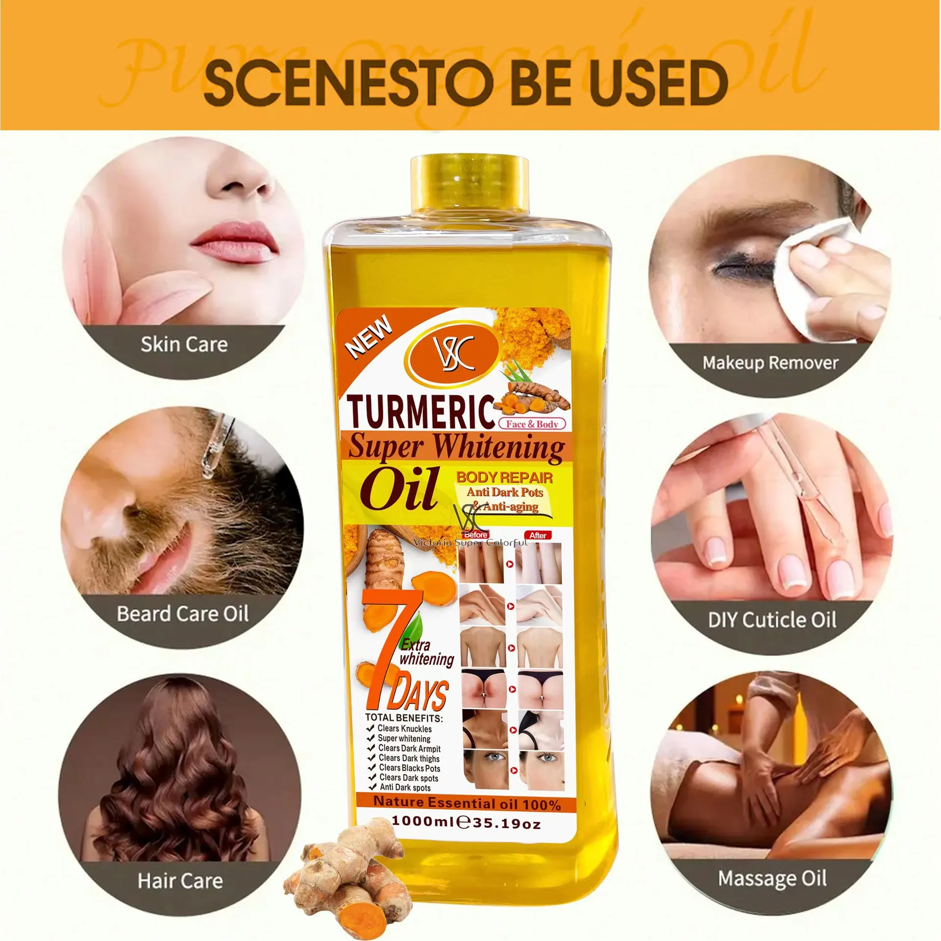High Quality 1000ml Turmeric Oil Super Whitening Oil Skin Anti-Aging Dark Spot Removal Face&Body  Repair Massage Oil