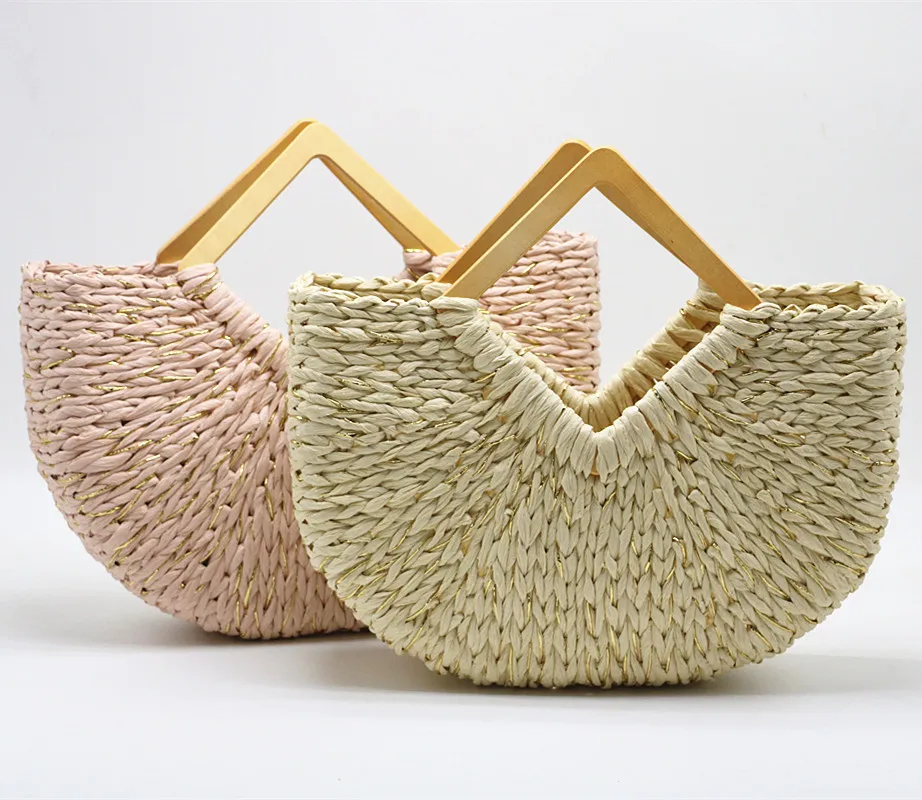 Wholesale Eco Friendly Lightweight Minimalist Handmade Woven Beach Beige Shoulder Wooden Handle Bag Straw Tote Bag