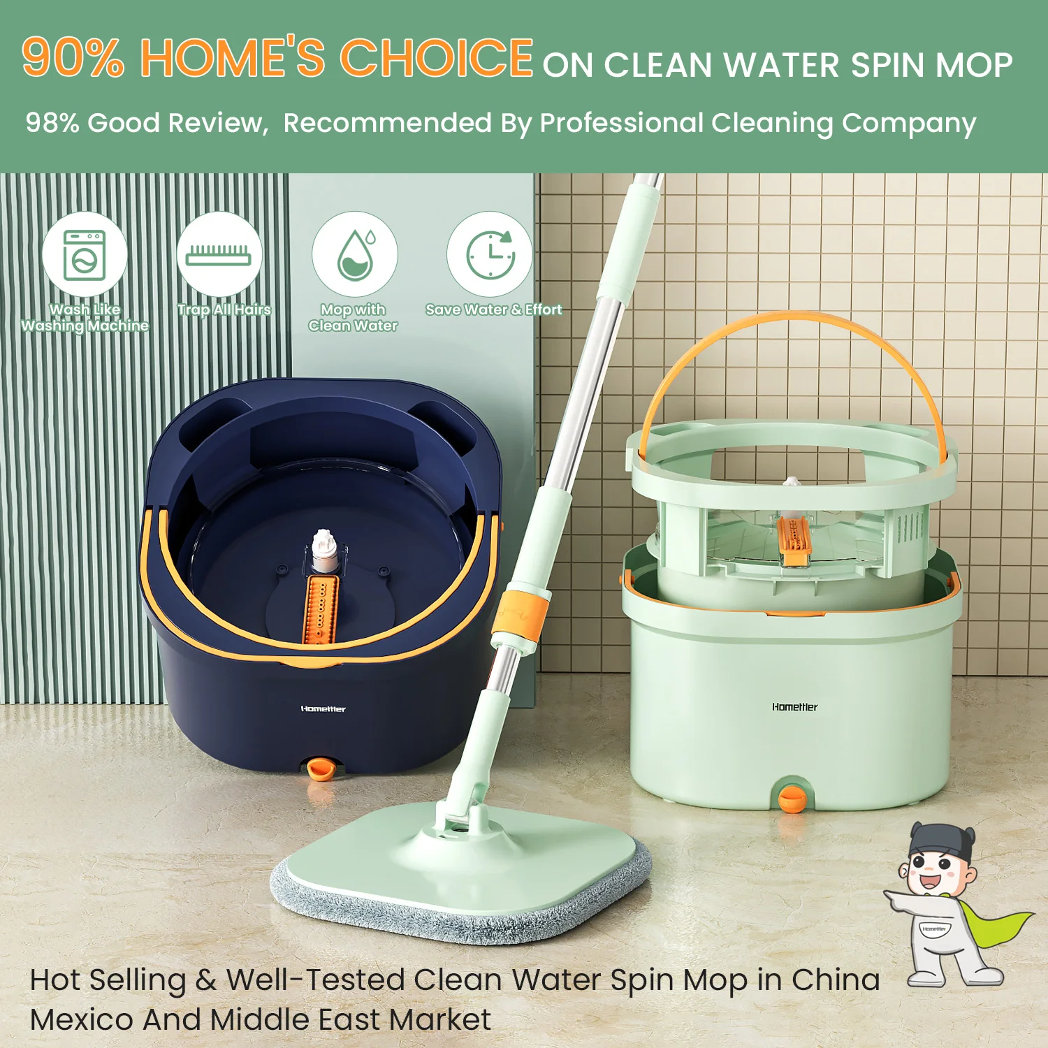 Homettler CoolMop Hot-selling Clean Water Flat Spin Mop Hands-free Mop Revome All Floor Hairs Self-Cleaning Without Hand Wash
