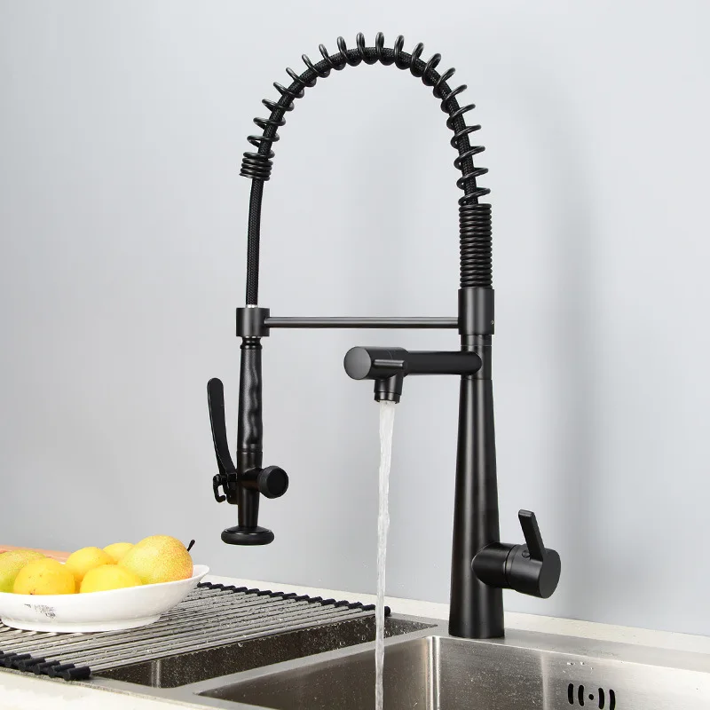 Kitchen Faucets Commercial Solid Brass Single Handle Single Lever Pull Down Sprayer Spring Kitchen Sink Faucet, Matte Black
