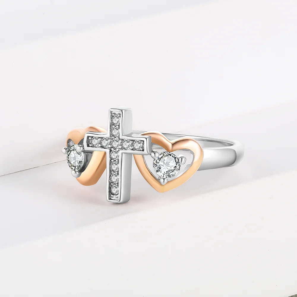 Customized 925 Sterling Silver 14K Gold Plated Pink Infinity Heart Cubic Zircon Cross Finger Ring Two Tone Rings Jewelry Women