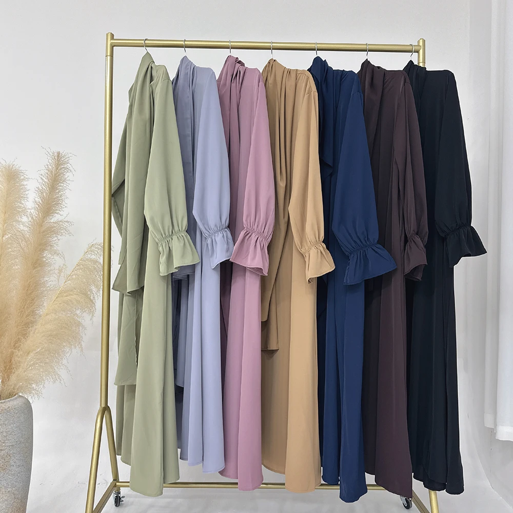 Modest Muslim Women One Piece Prayer Hijab Dress Solid Color Plus Size Trumpet Sleeves Ramadan eid Jilbab Abaya Muslim Dress