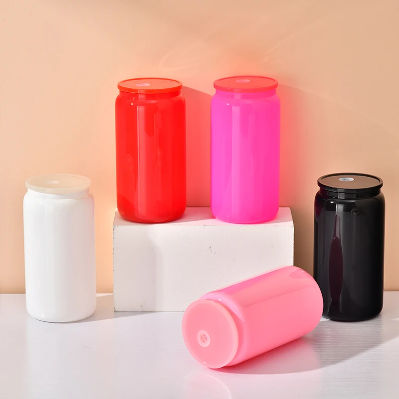 USA Warehouse 16oz Sublimation Clear Glass Mug  16 oz colorful Glass Beer Can With Bamboo Lid And Straws