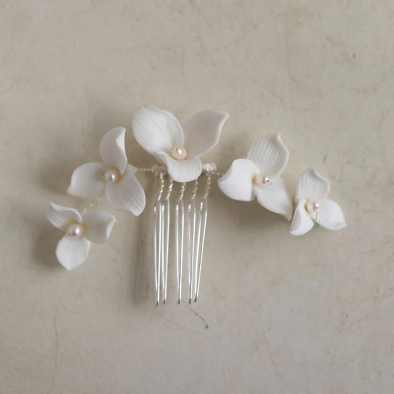 SLBRIDAL Handmade Rhinestones Freshwater Pearls Porcelain Flower Bridal Wedding Hair Comb Hair Pin Earring Women Girls Jewelry