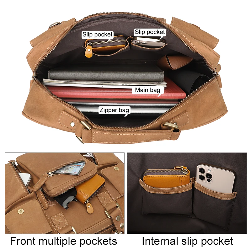New High Quality Luxury 15.6 Inch Crazy Horse Leather Briefcase Men Satchel Laptop Genuine Leather Soft Briefcase Bag