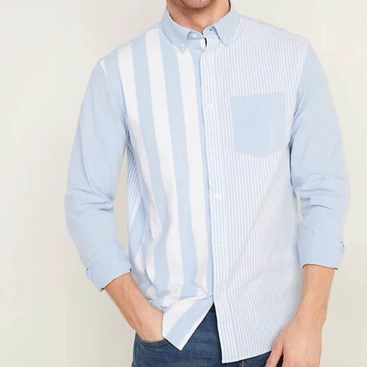 Custom new style casual light blue long-sleeve shirt man regular-fit color-blocked Oxford cotton anti-wrinkle shirts for men