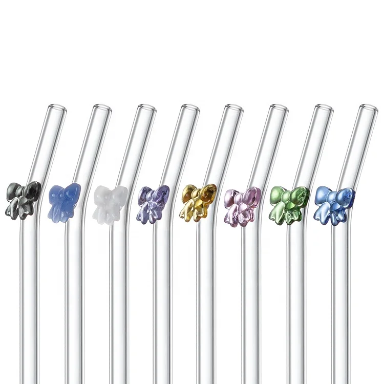 Hot Selling Bow Tie Shatter Resistant Bent Colorful Cute Reusable Glass Straws Brush For Party Drink Cocktail