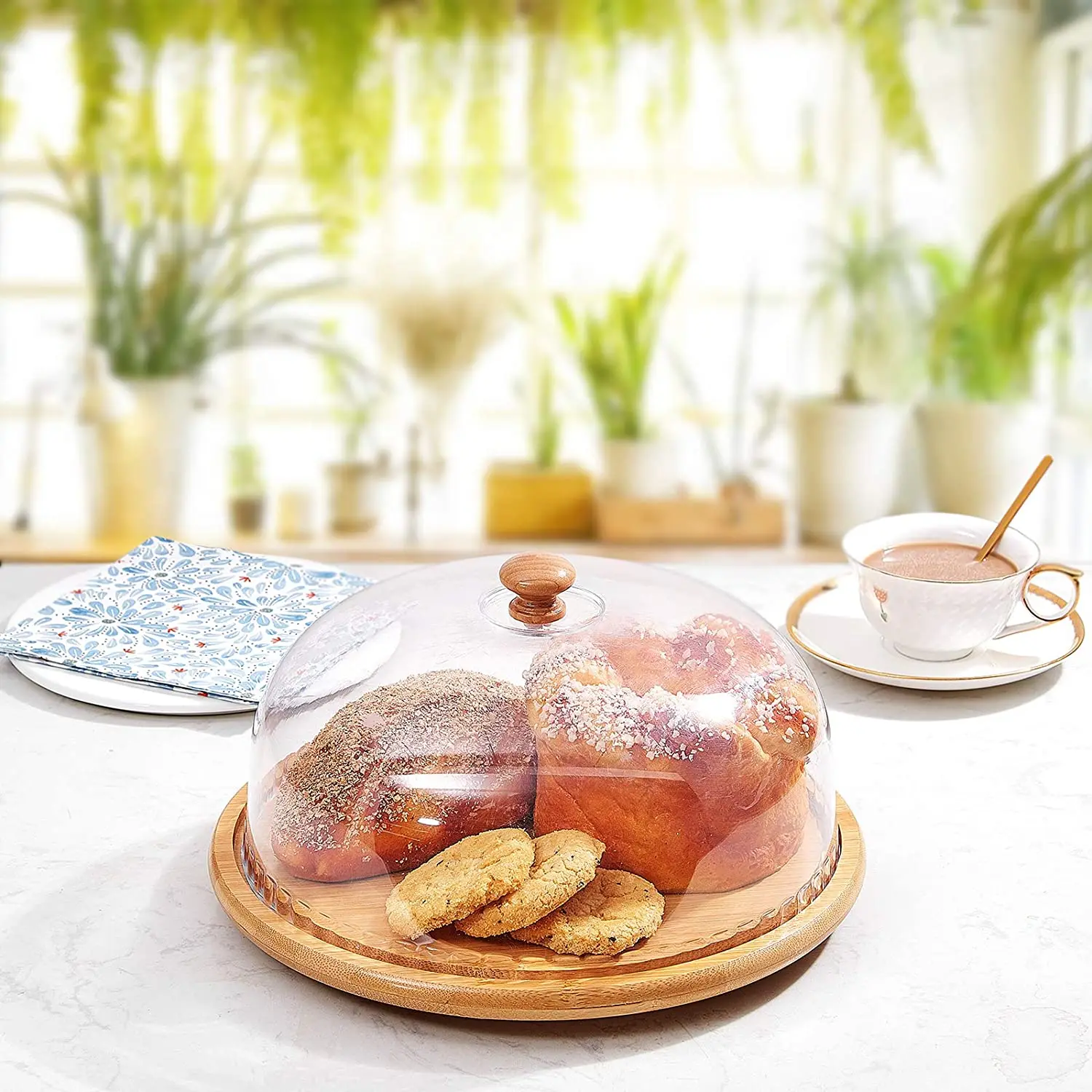 Bamboo Acacia Round Rotating Cake Stand with Dome Plate with Acrylic Glass Lid Cake Holder with Clear Cover Wooden Top